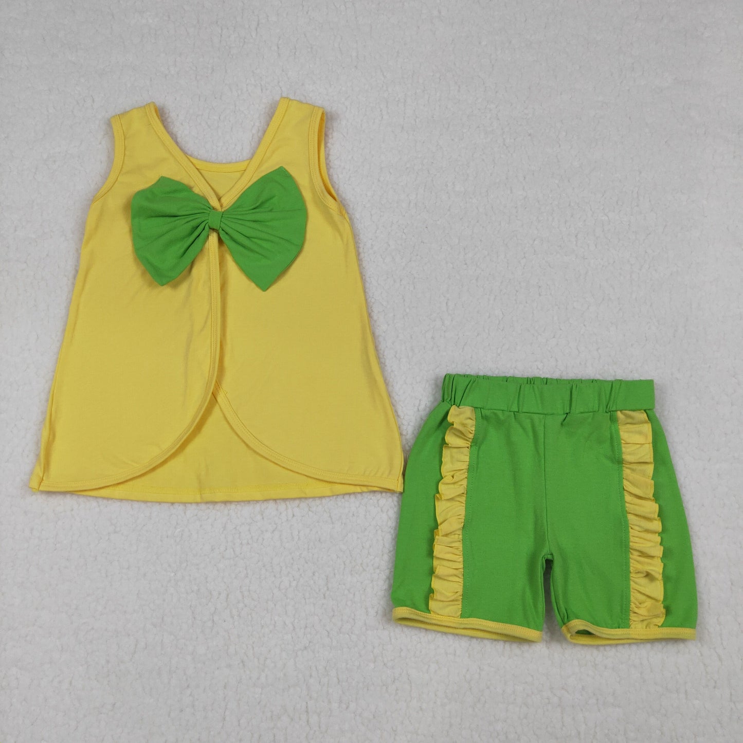 GSSO3464 Baby Girls Sleeveless Yellow Green Babk Bow Tunic Ruffle Short Clothes Set