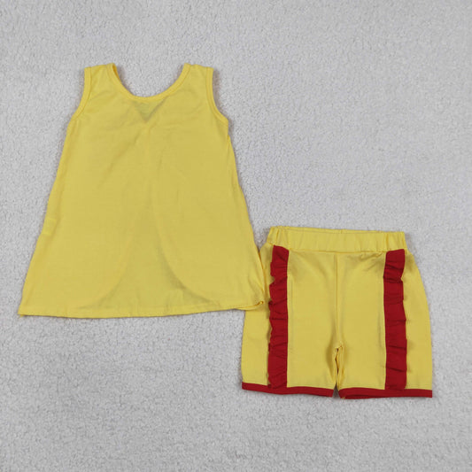 GSSO3466 Baby Girls Sleeveless Yellow Red Babk Bow Tunic Ruffle Short Clothes Set