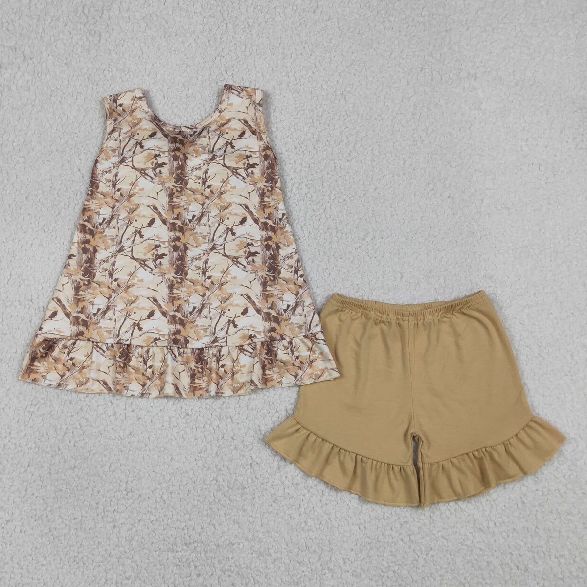 GSSO3467 Baby Girls Khaki Leaves Camo Back Bows Tunic Ruffle Short Clothes Set