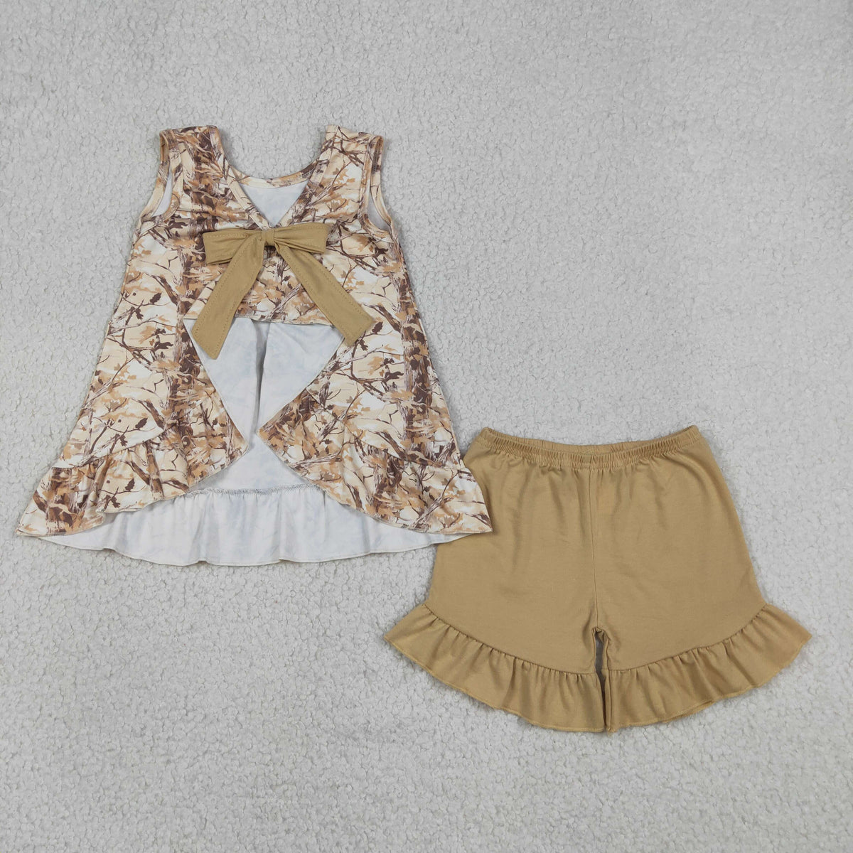 GSSO3467 Baby Girls Khaki Leaves Camo Back Bows Tunic Ruffle Short Clothes Set