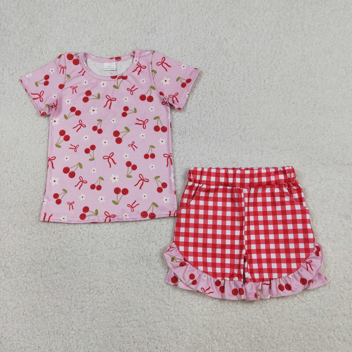 Sibling Baby Girls Short Sleeve Colorful Flowers Cherry Top Ruffle Shorts Clothes Sets