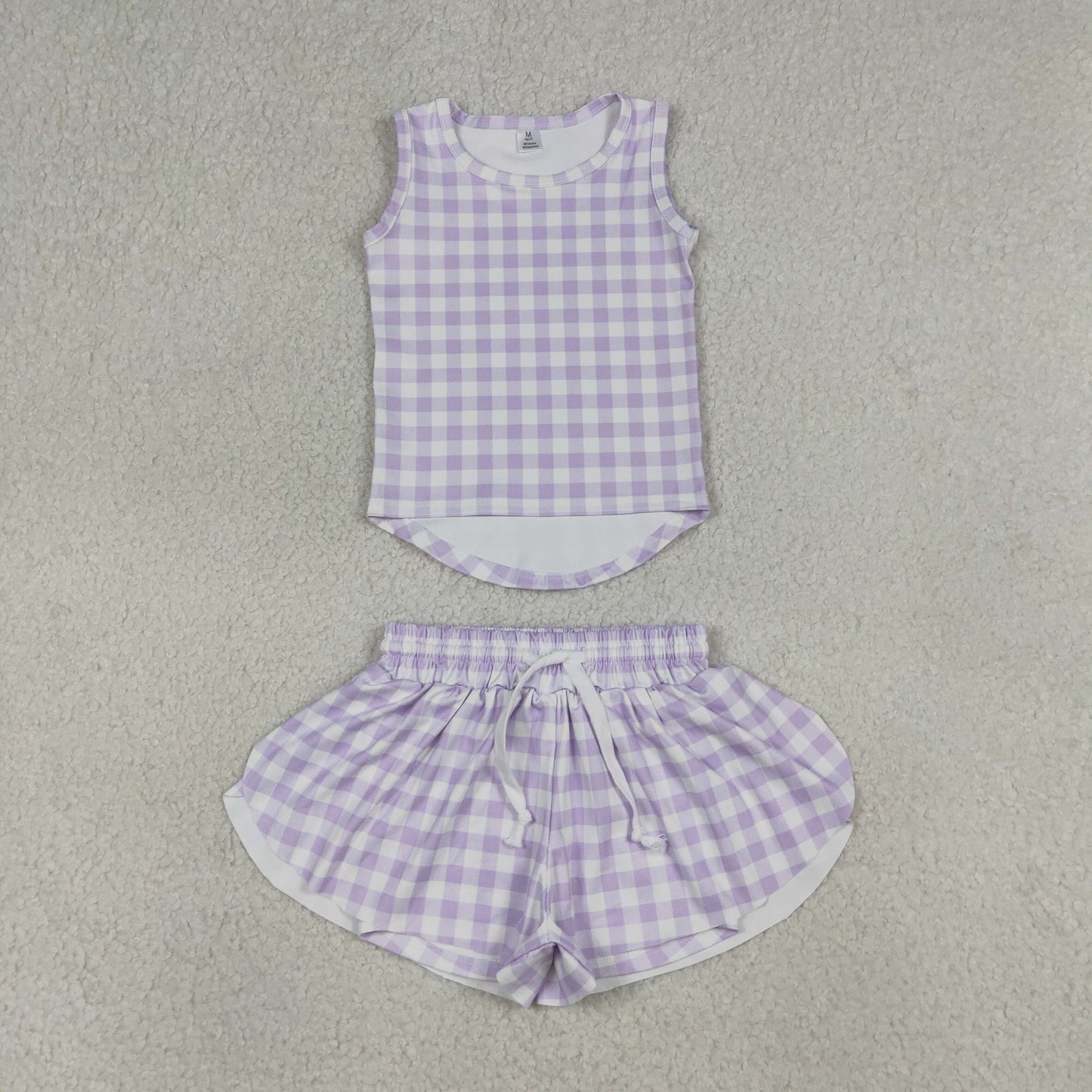 GSSO3477 Baby Girls Lavender Checked Vests Top Butterfly Short Yoga Active Clothes Sets