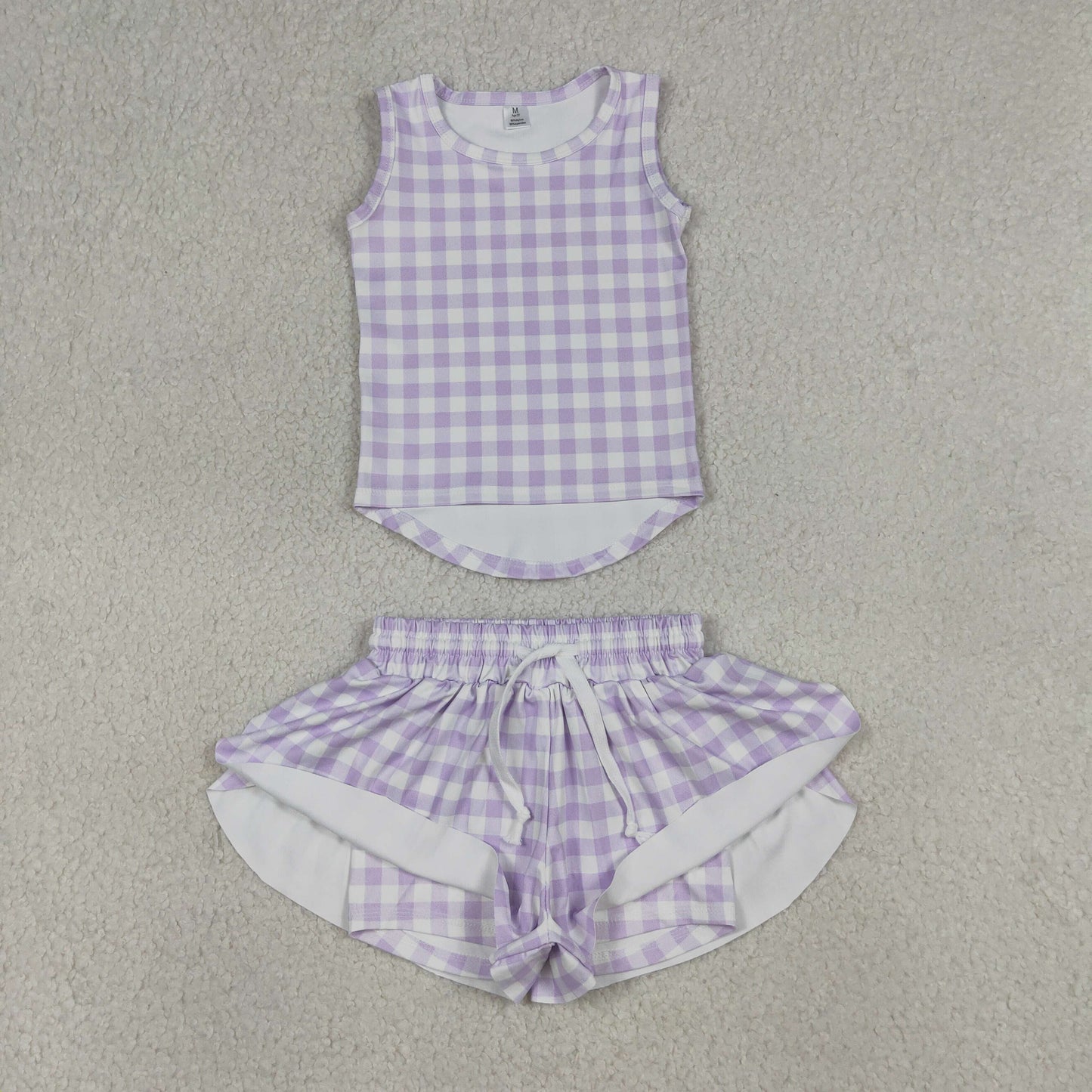 GSSO3477 Baby Girls Lavender Checked Vests Top Butterfly Short Yoga Active Clothes Sets