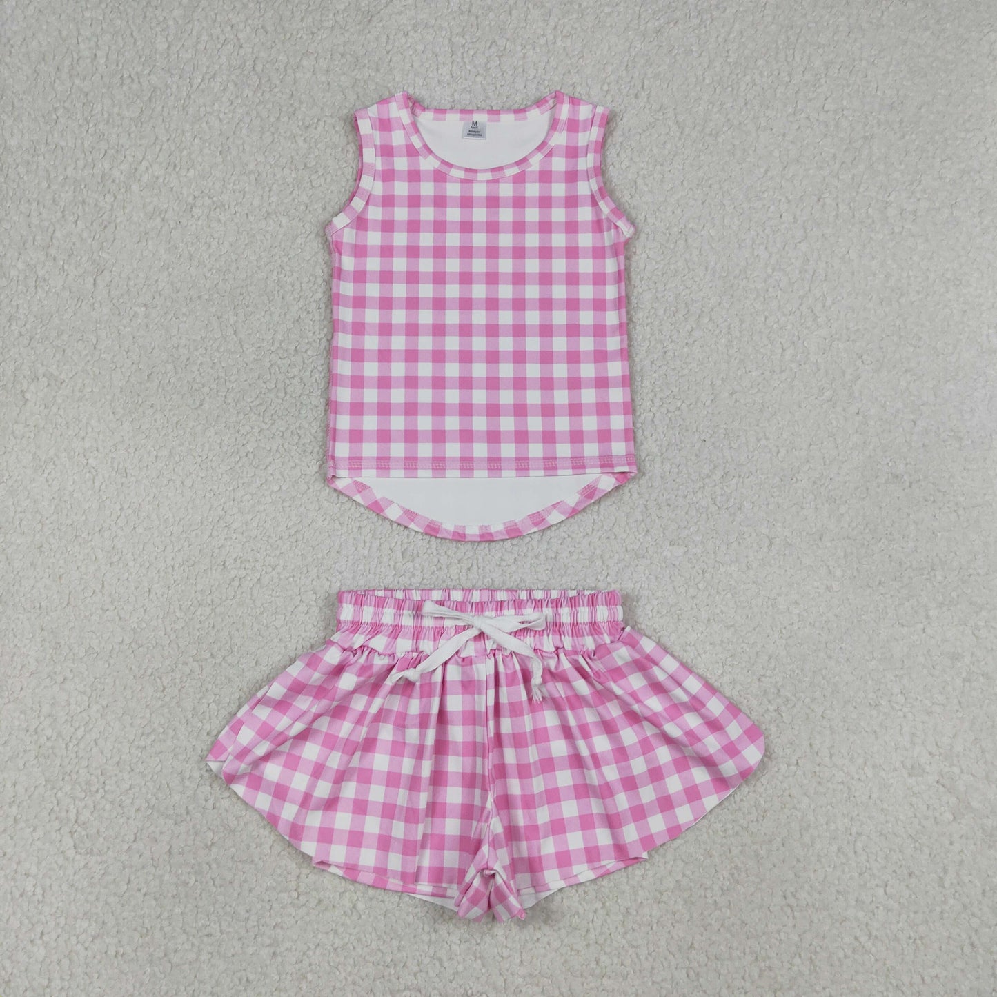 GSSO3478 Baby Girls Pink Checked Vests Top Butterfly Short Yoga Active Clothes Sets