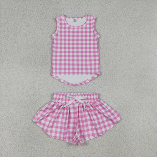 GSSO3478 Baby Girls Pink Checked Vests Top Butterfly Short Yoga Active Clothes Sets
