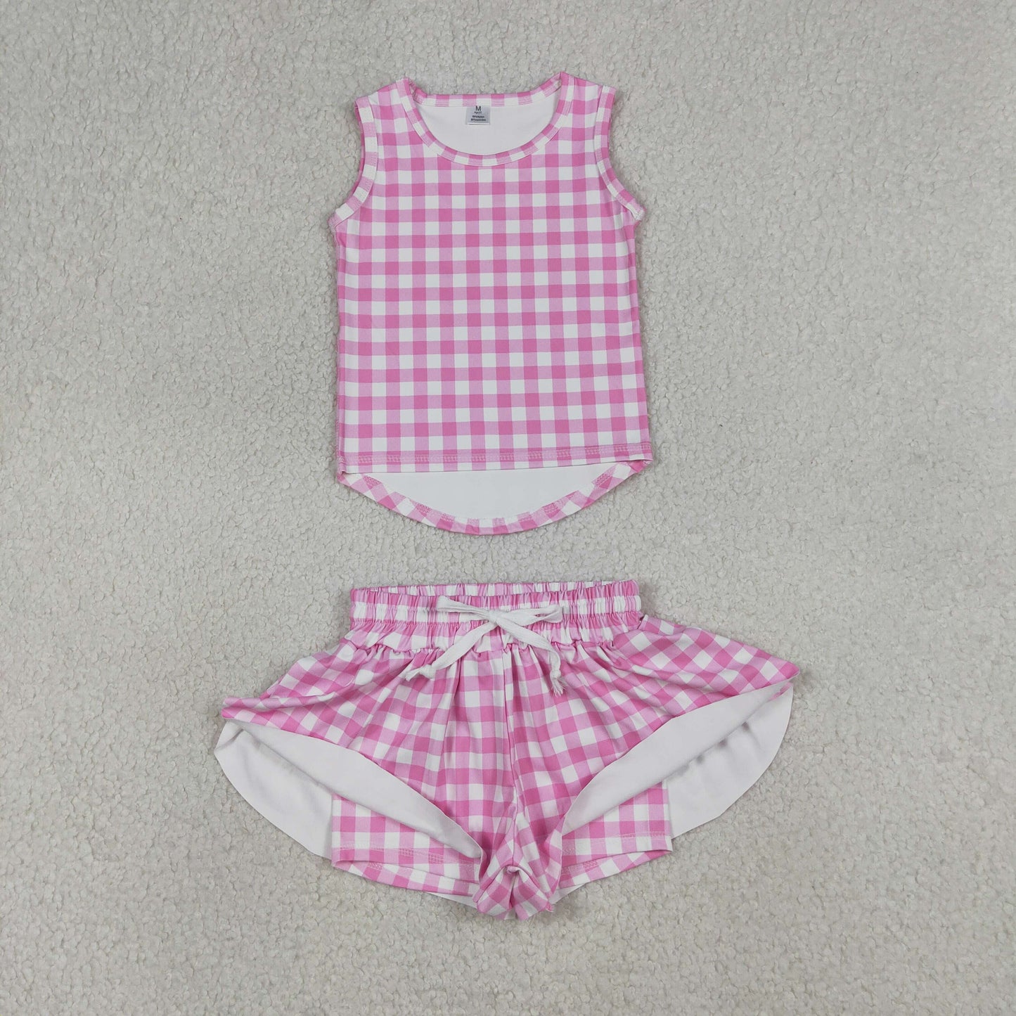 GSSO3478 Baby Girls Pink Checked Vests Top Butterfly Short Yoga Active Clothes Sets