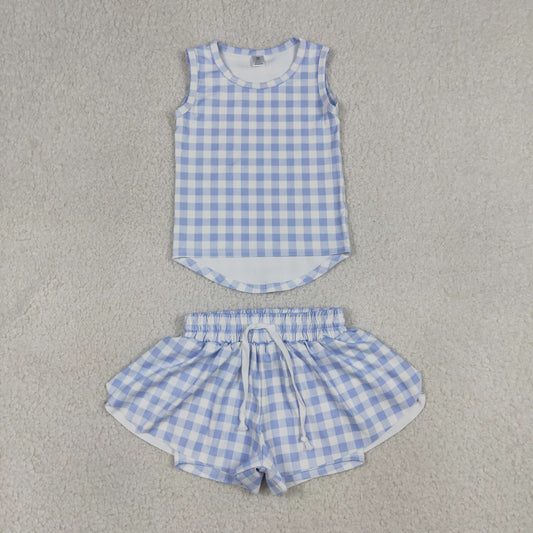 GSSO3479 Baby Girls Blue Checked Vests Top Butterfly Short Yoga Active Clothes Sets