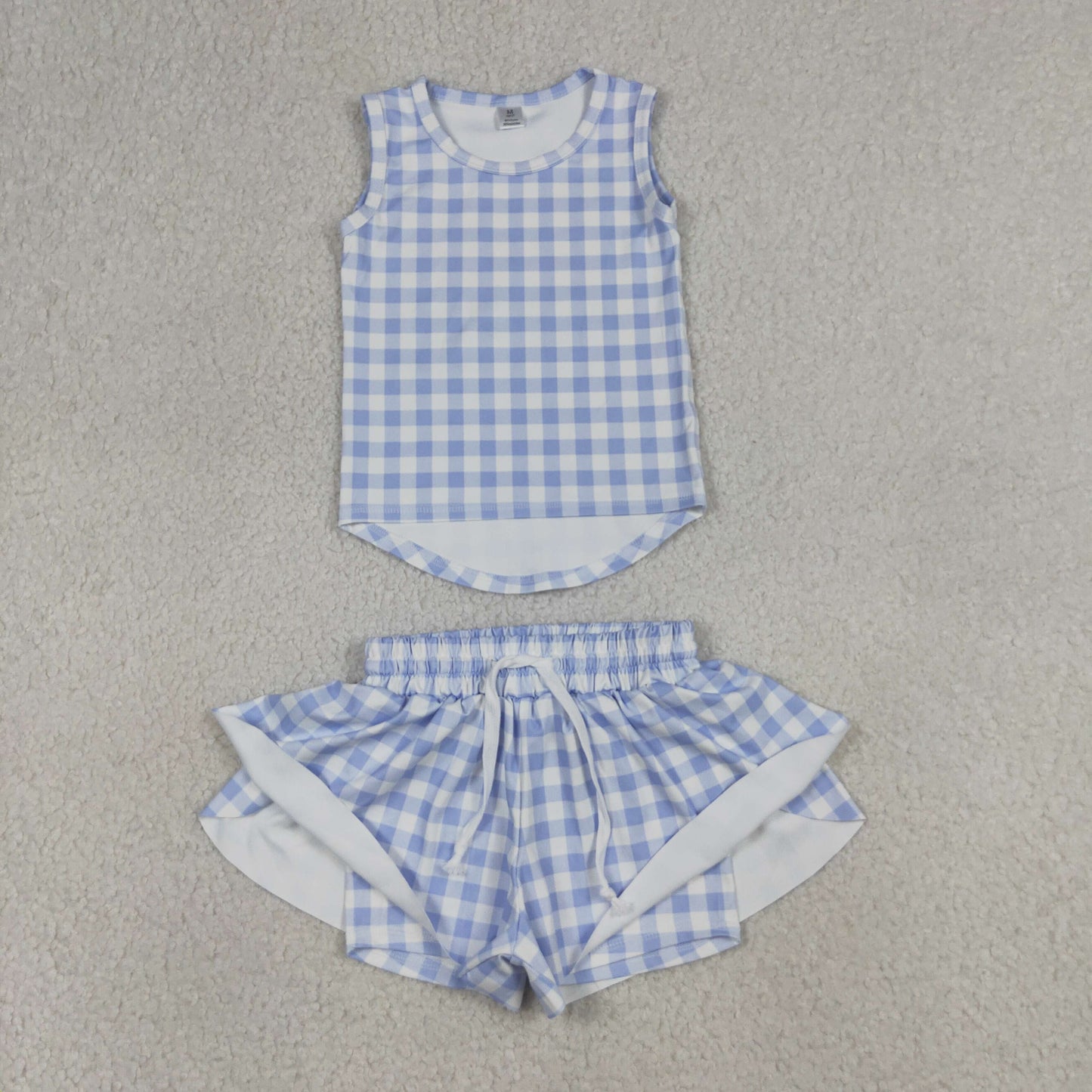 GSSO3479 Baby Girls Blue Checked Vests Top Butterfly Short Yoga Active Clothes Sets