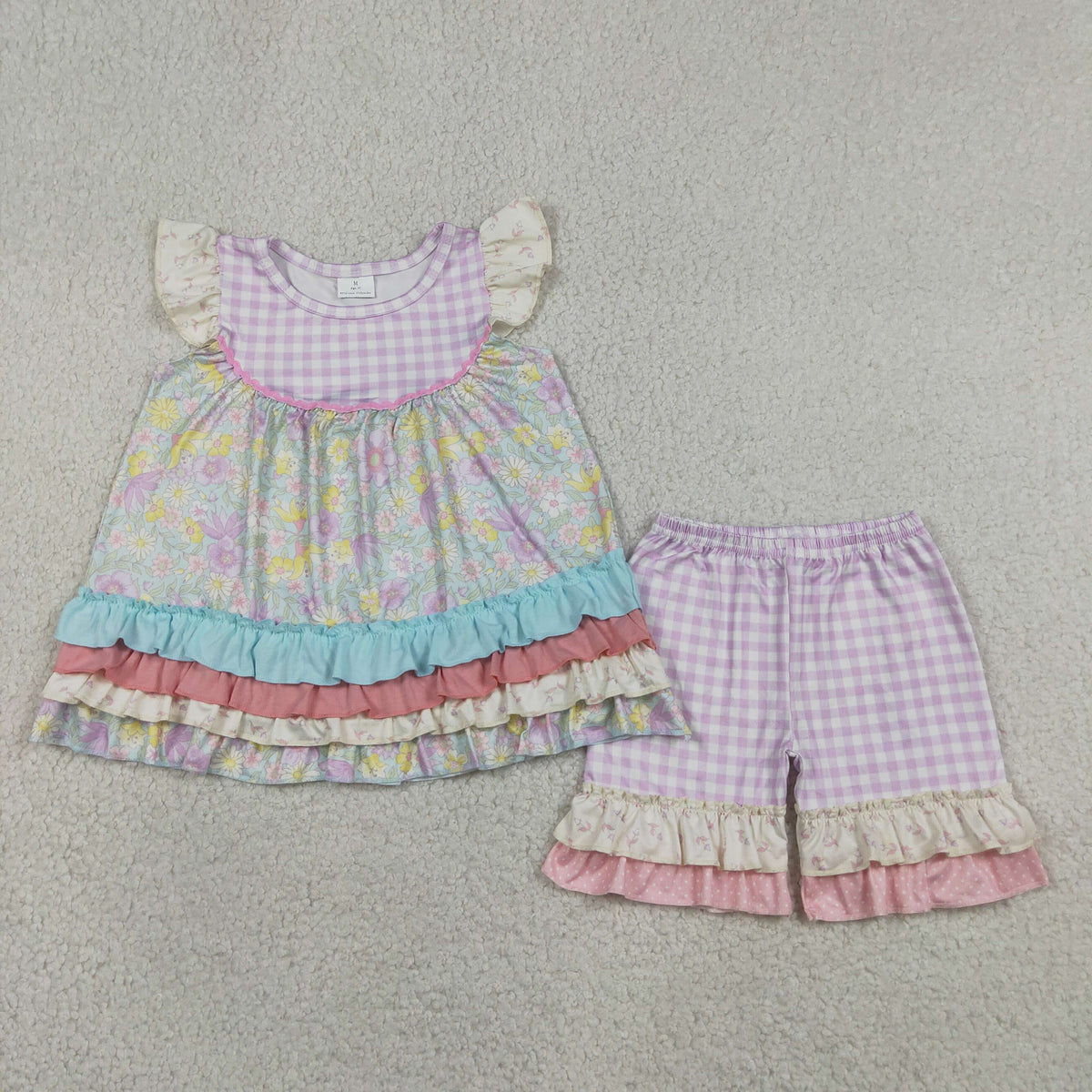 GSSO3485 Baby Girls Colorful Flowers Patchwork Tunic Ruffle Short Clothes Set（副本）