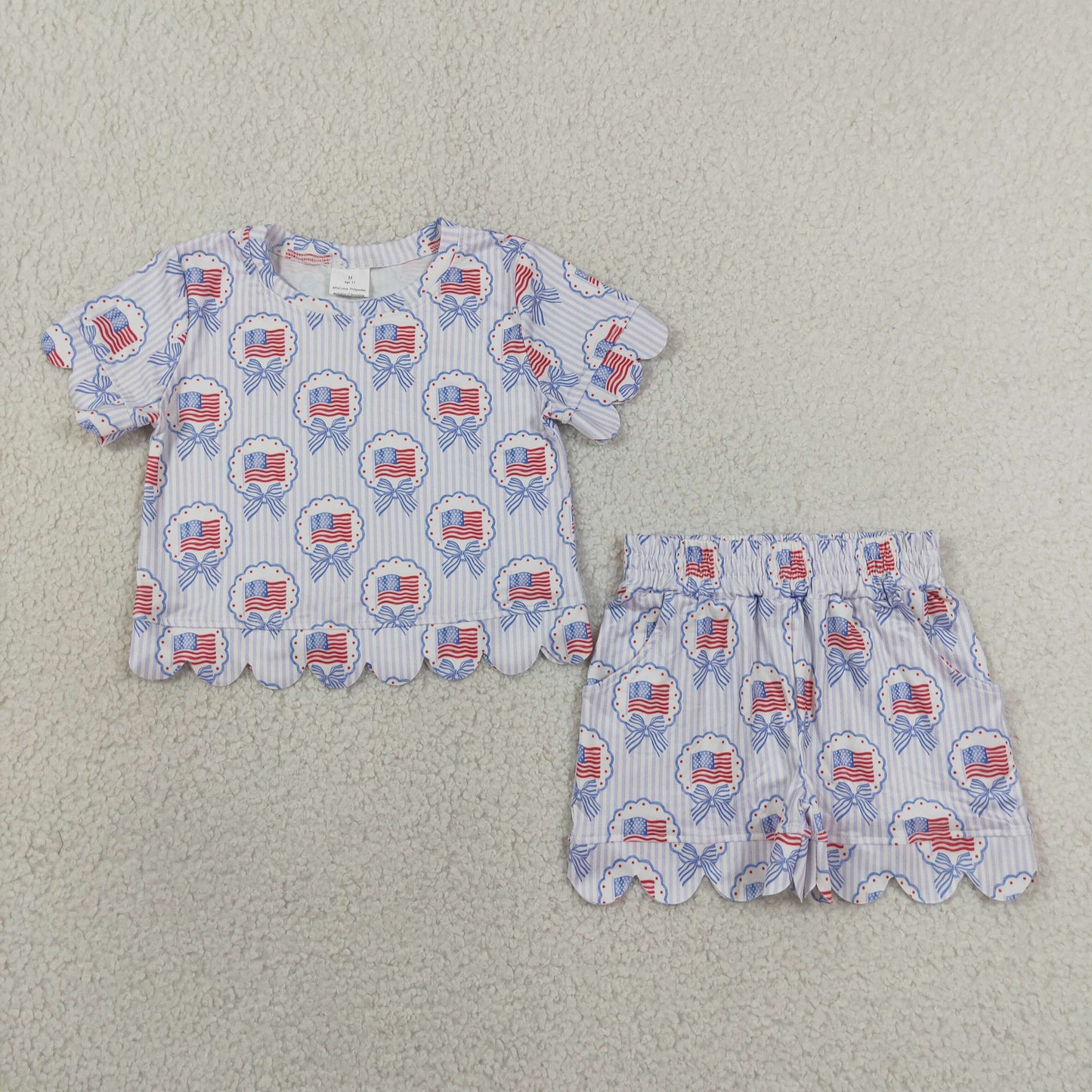 Sibling Baby Girls Bows Flags Checked Top Pockets Short 4th of July Scallop Clothes Sets