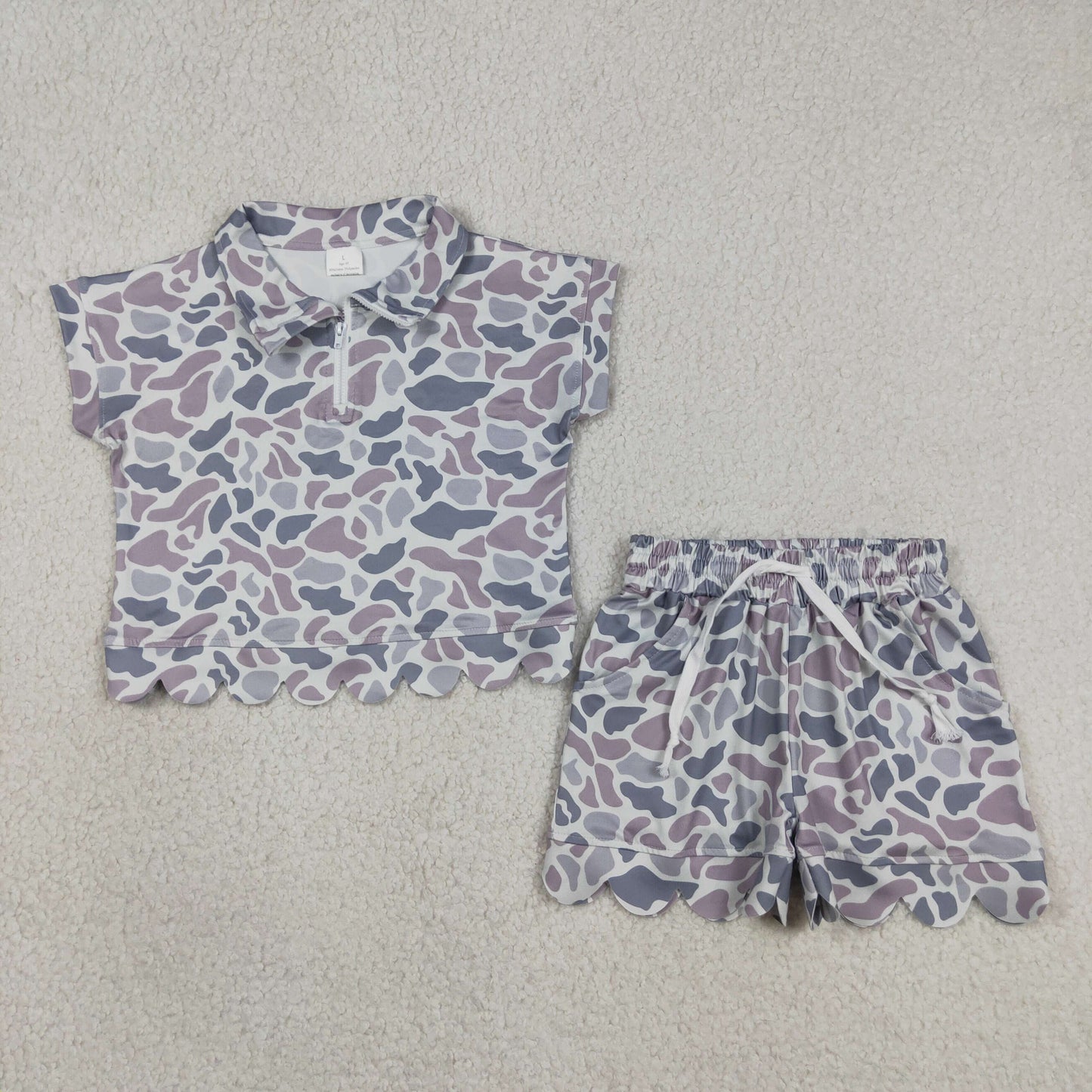 Sibling Baby Girls Southern Camo Zip Pullovers Pockets Shorts Scallop Clothes Sets