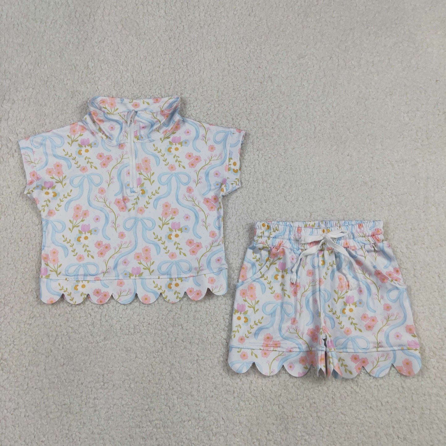 Sibling Baby Girls Bows Flowers Zip Pullovers Pockets Shorts Scallop Clothes Sets
