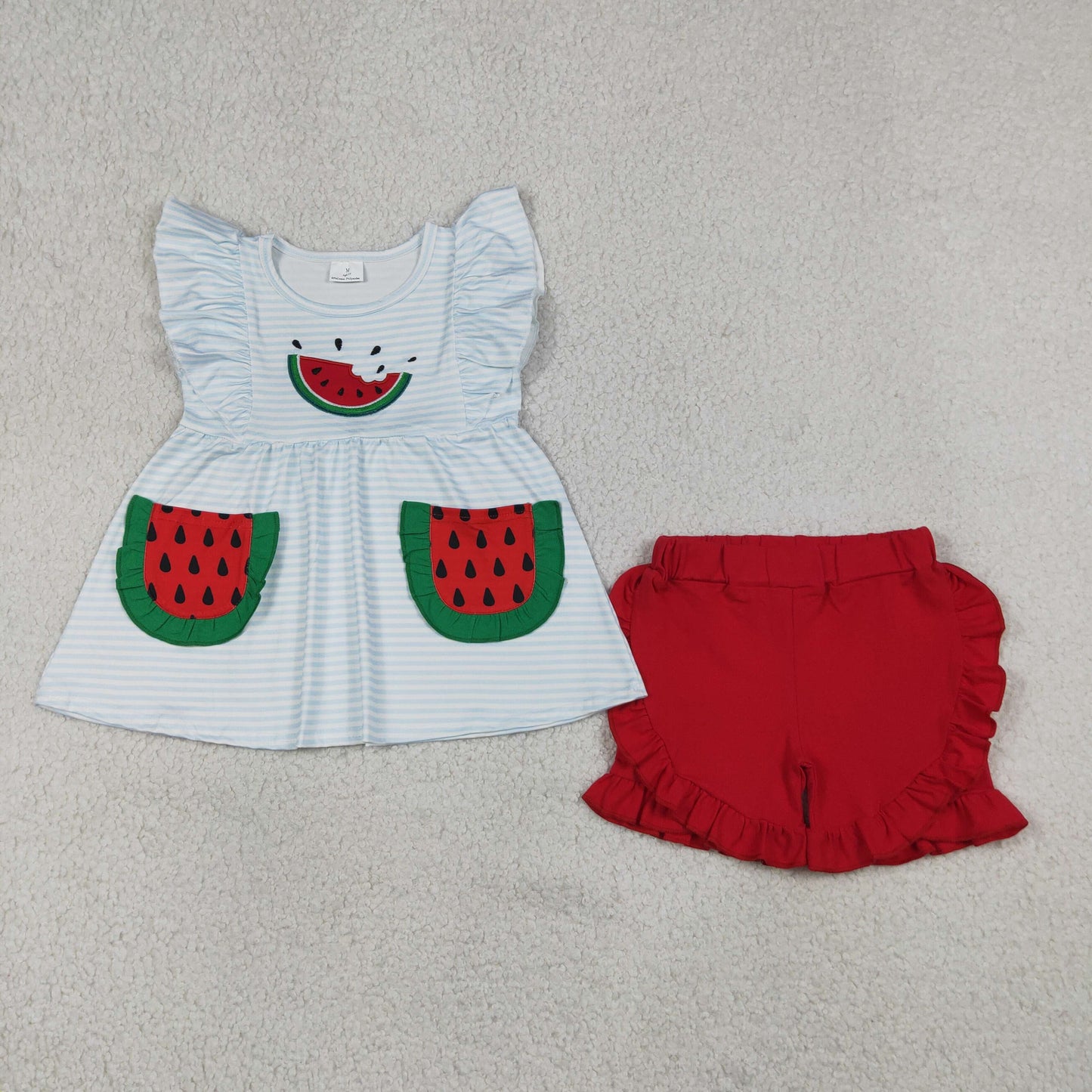 Sibling Baby Girls Embroidery Watermelons Pockets Tunic Ruffle Short Clothes Set Rompers