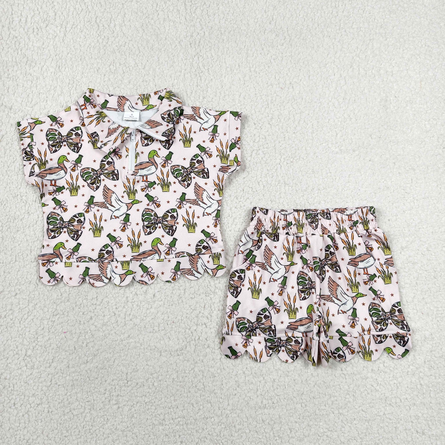 Sibling Baby Girls Southern Camo Ducks Zip Pullovers Pockets Shorts Scallop Clothes Sets