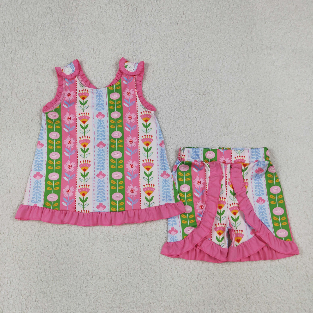 GSSO3676 Baby Girls Sleeveless Flowers Stripe Tunic Ruffle Short Clothes Set