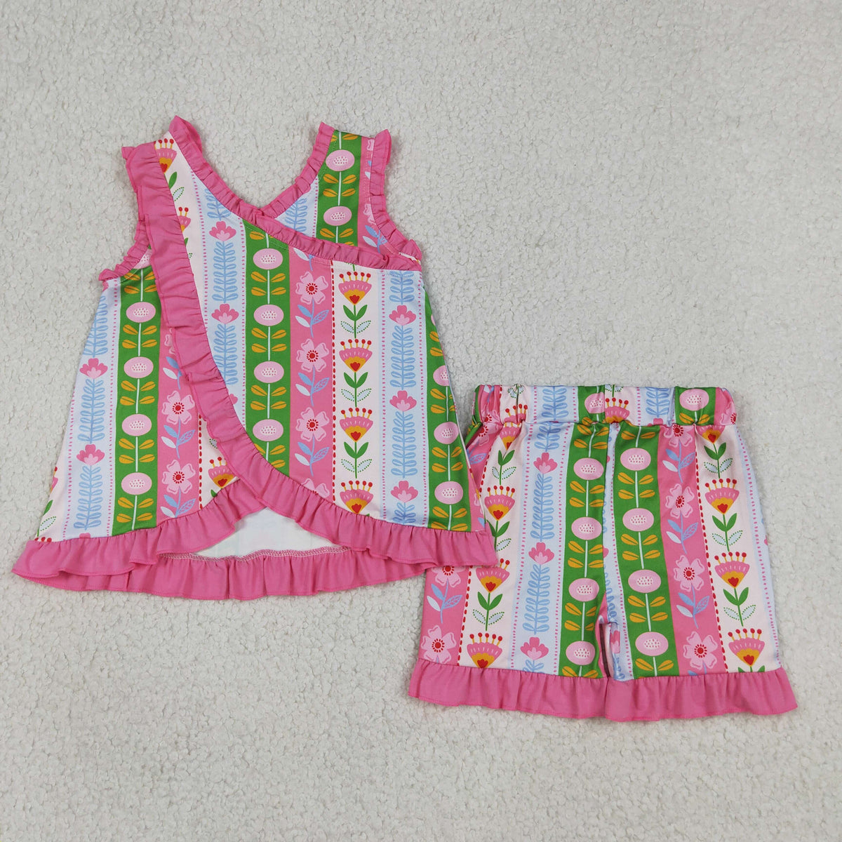 GSSO3676 Baby Girls Sleeveless Flowers Stripe Tunic Ruffle Short Clothes Set