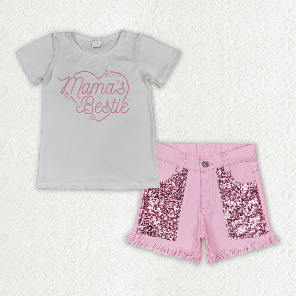 Sibling Baby Girls Dad and Mom Shirt Top Sequin Pockets Denim Short Clothes Sets