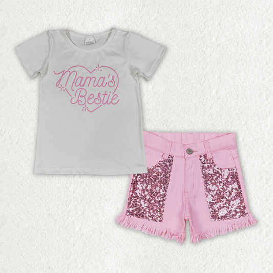 GSSO3756 Baby Girls Mama's Bestie Top Sequin Denim Short Clothes Set
