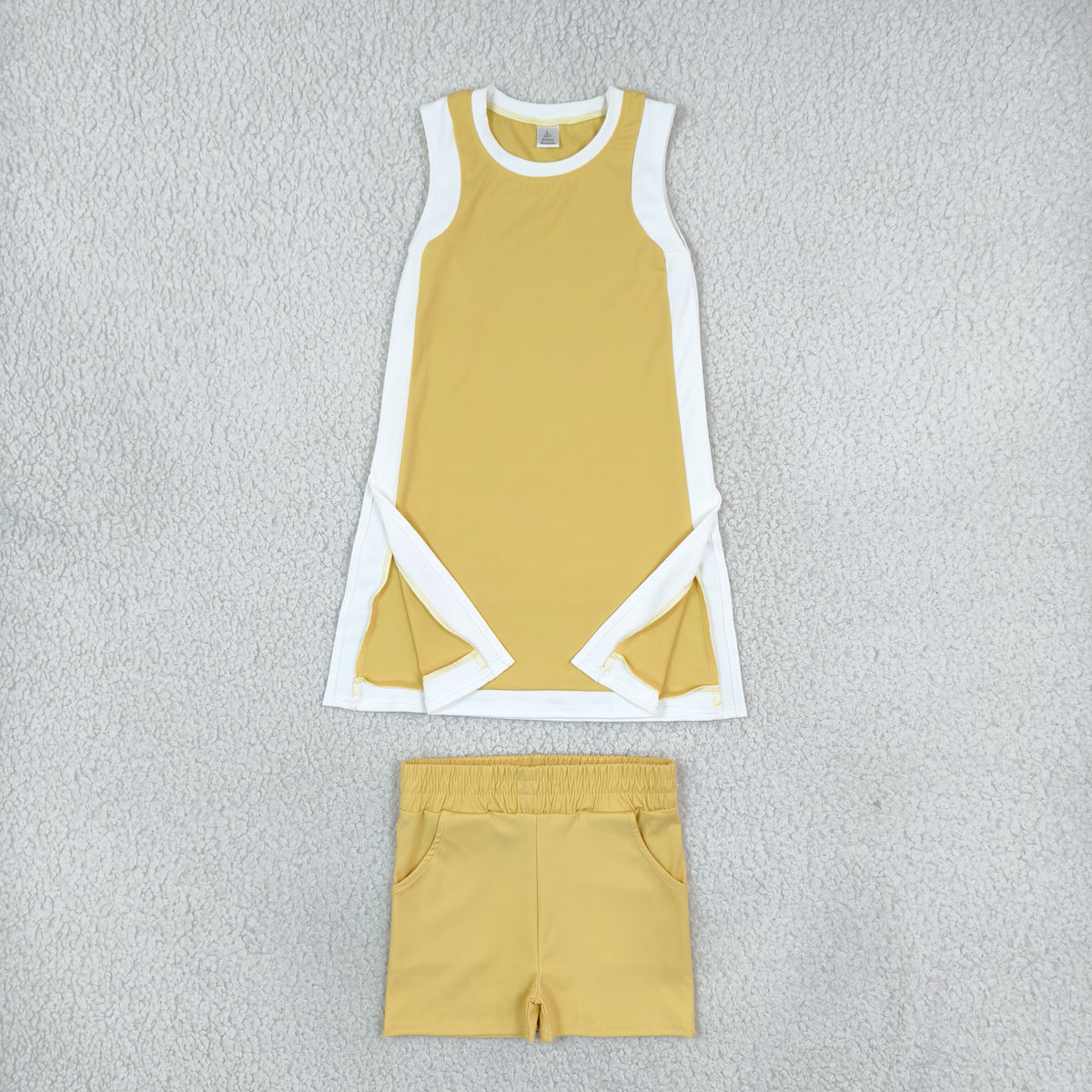 GSSO3845 Baby Girls White Yellow Split Tunic Pockets Short Yoga Active Clothes Set