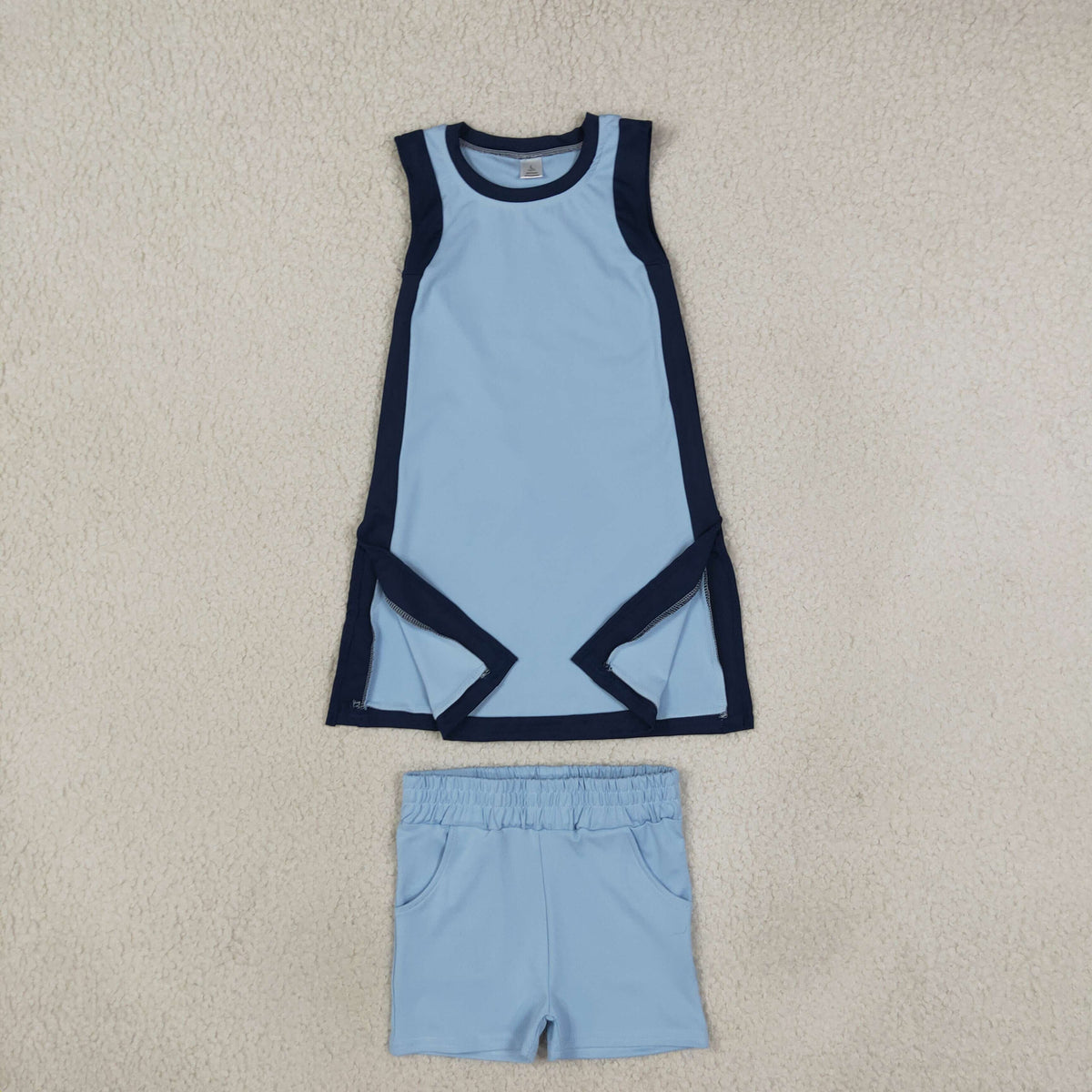 GSSO3847 Baby Girls Navy Blue Split Tunic Pockets Short Yoga Active Clothes Set