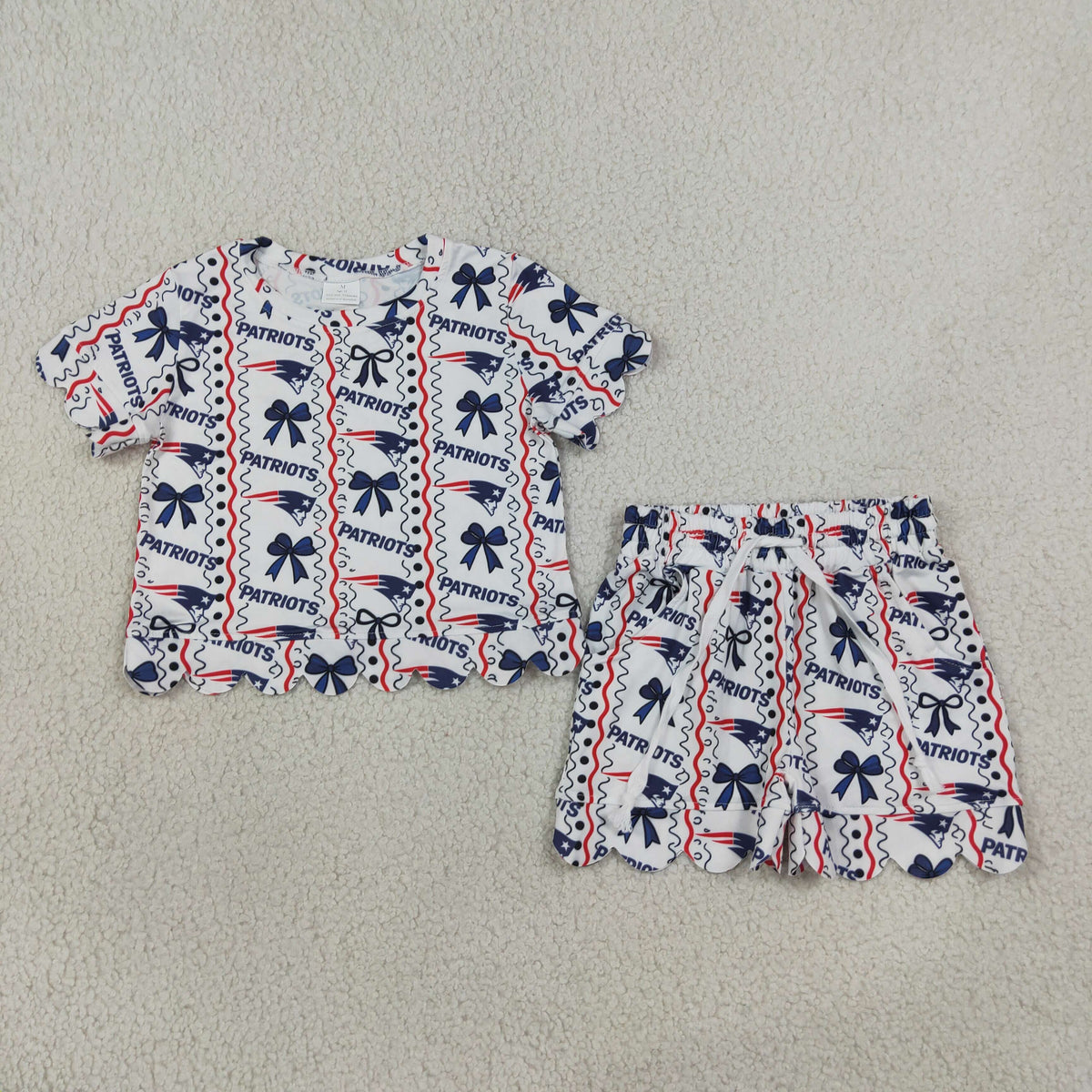 Sibling Baby Girls Short Sleeve Team Bows Stripe Top Pockets Short Scallop Clothes Set