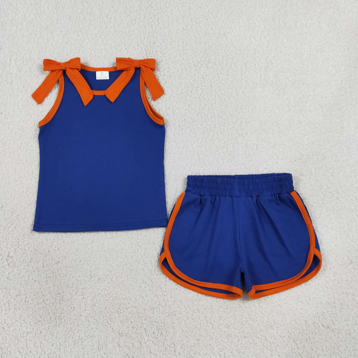 GSSO3857 Baby Girls Blue Orange Bows Sleeveless Vests Pockets Short Clothes Set