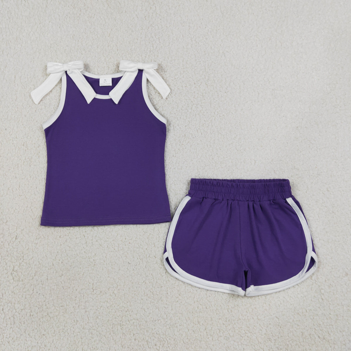 GSSO3858 Baby Girls Purple White Bows Sleeveless Vests Pockets Short Clothes Set