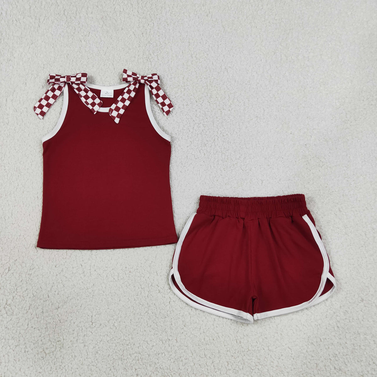 GSSO3858 Baby Girls Red Checked Bows Sleeveless Vests Pockets Short Clothes Set