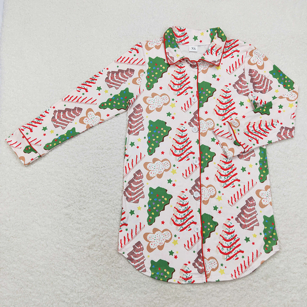 GT0622 Adult Women Stripe Trees Gingerbread Button Christmas Sleep Wear Shirts