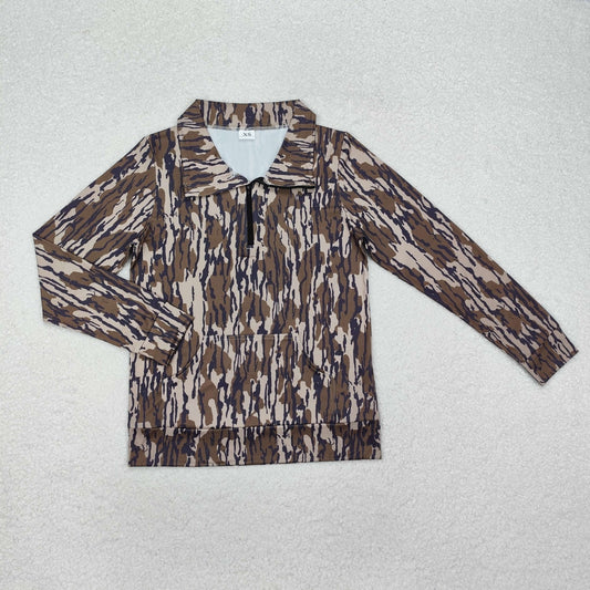 GT0826 Adult Women Olive Camo Zipper Pocket Southern Pullovers Top