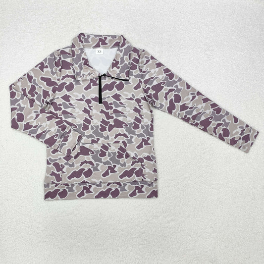 GT0827 Adult Women Grey Camo Zipper Pocket Southern Pullovers Top