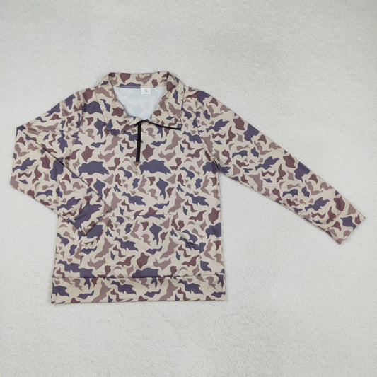 GT0828 Adult Women Khaki Camo Zipper Pocket Southern Pullovers Top