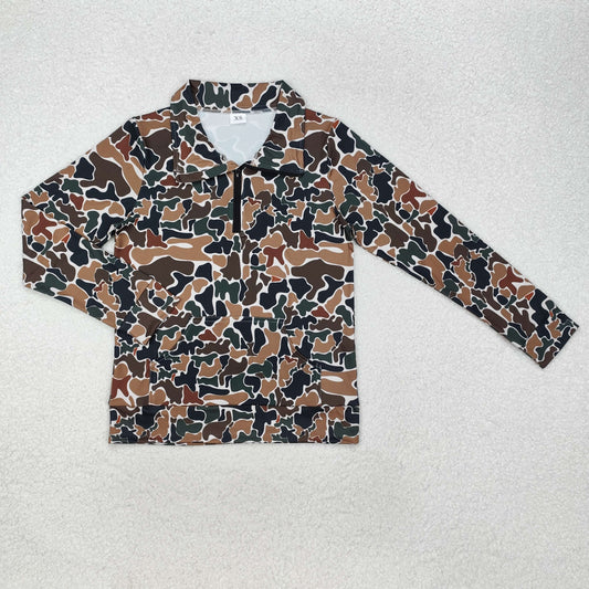 GT0829 Adult Women Dark Brown Camo Zipper Pocket Southern Pullovers Top