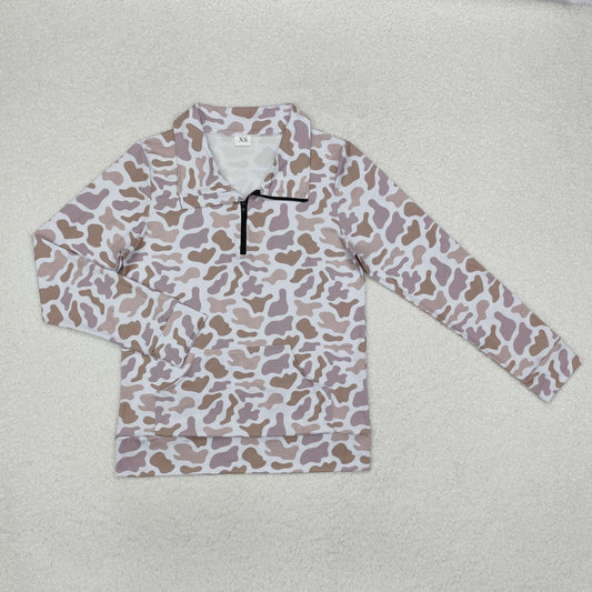 GT0831 Adult Women Grey Camo Zipper Pocket Southern Pullovers Top