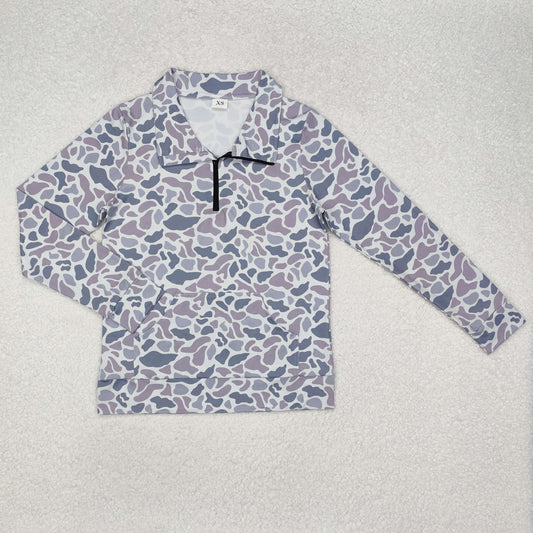 GT0832 Adult Women Grey Camo Zipper Pocket Southern Pullovers Top