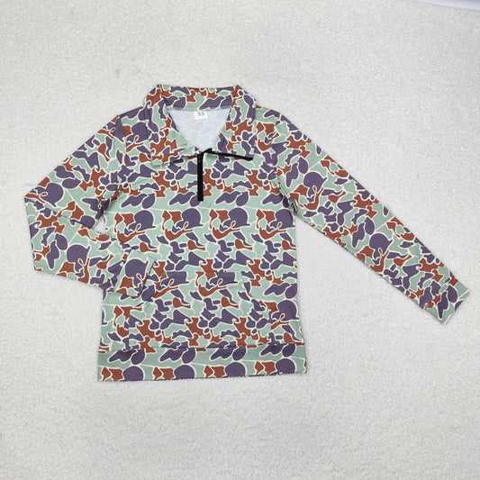 GT0833 Adult Women Green Camo Zipper Pocket Southern Pullovers Top