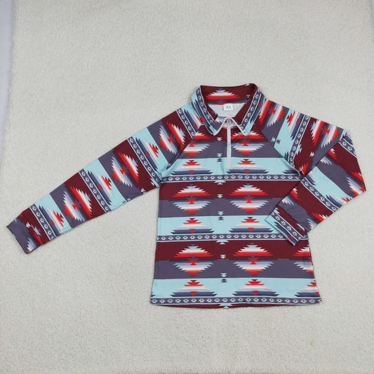 GT0877 Adult Women Long Sleeve Western Aztec Zipper Pullovers Top