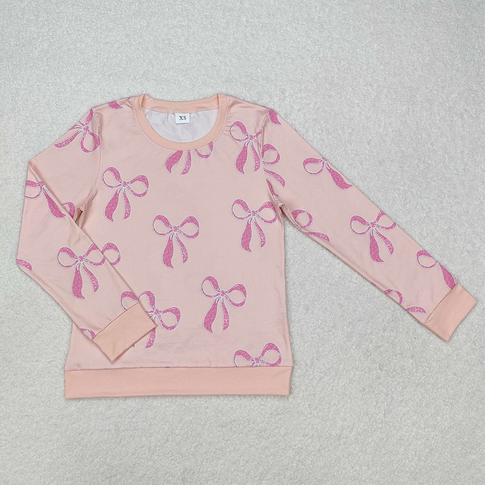 GT0878 Adult Women Pink Bows Long Sleeve Tee Shirts Top