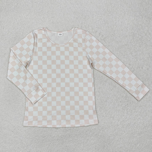GT0906 Adult Women Pink Checked Long Sleeve Tee Shirts Top