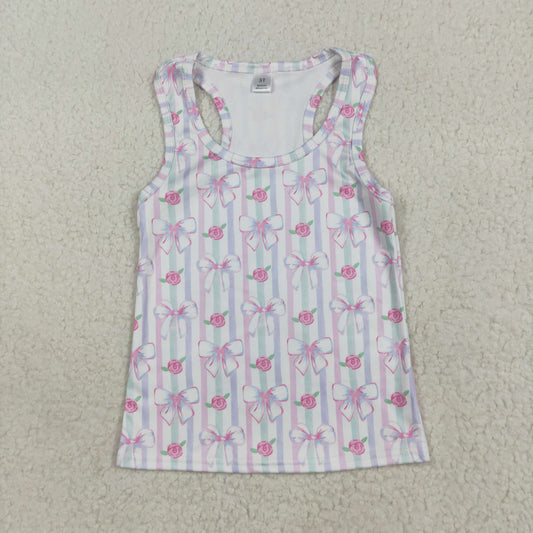GT1014 Baby Girls Sleeveless Pink Bows Flowers Stripe Vests Shirts Top