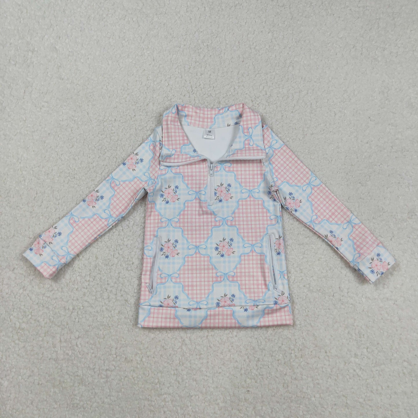 Sibling Baby Girls Flowers Bows Leopard Pockets Half Zipper Yoga Active Pullovers Top