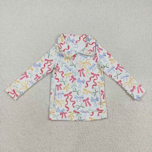 GT1065 Baby Girls Colorful Bows Yoga Active Zipper Pockets Pullovers Top