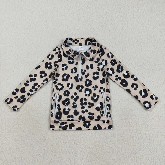 GT1072 Baby Girls Black Leopard Yoga Active Zipper Pockets Pullovers Top