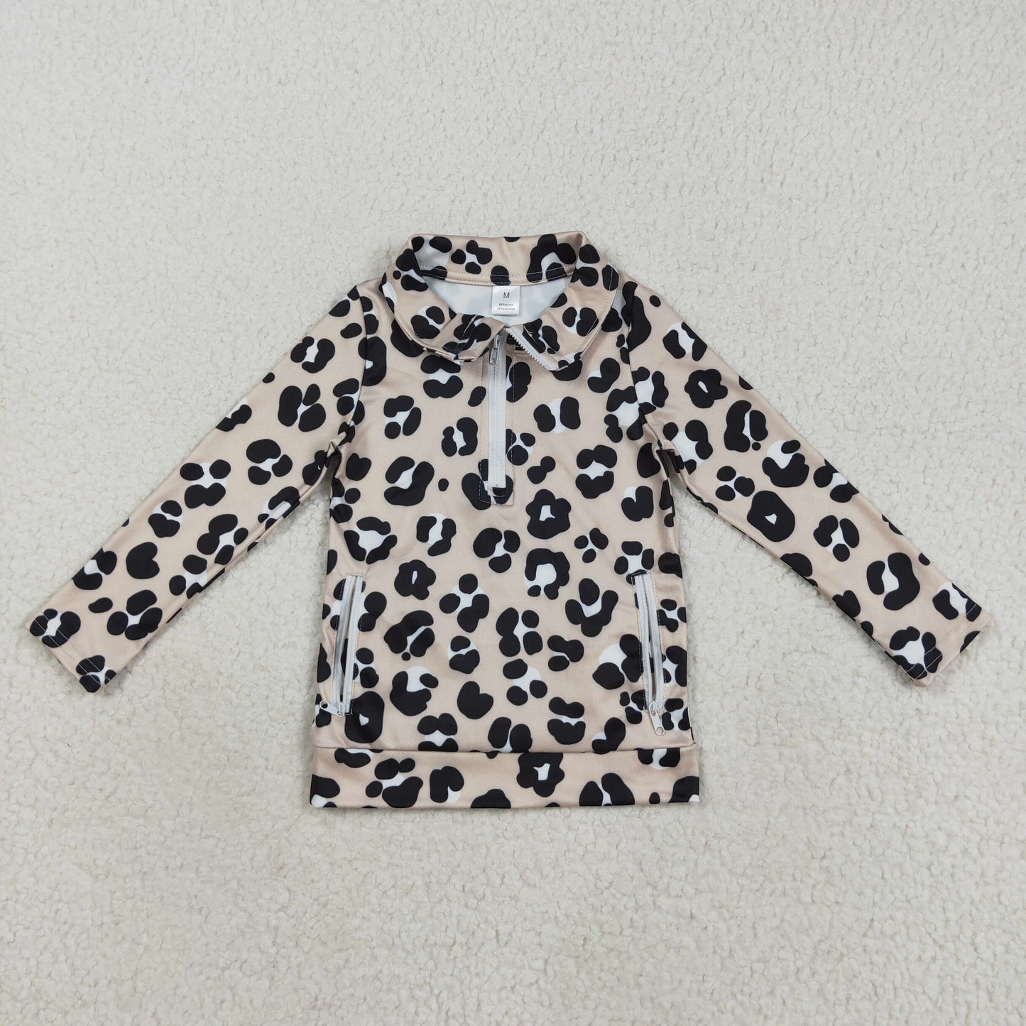 Sibling Baby Girls Flowers Bows Leopard Pockets Half Zipper Yoga Active Pullovers Top