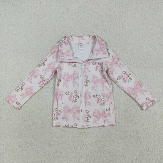 GT1075 Baby Girls Pink Flowers Bows Yoga Active Zipper Pockets Jackets Top