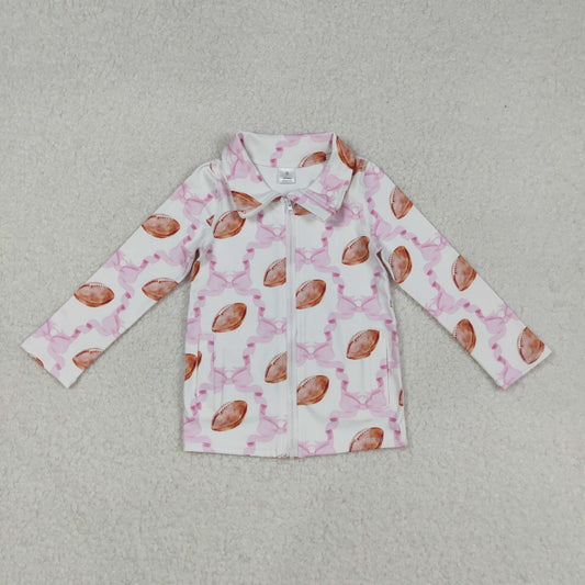 GT1088 Baby Girls Pink Bows Footballs Checked Yoga Active Zipper Pockets Jackets Top