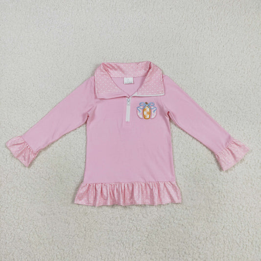 GT1112 Baby Girls Pink Long Ruffle Sleeve Embroidery Bow Pumpkins Fall Pullovers Top