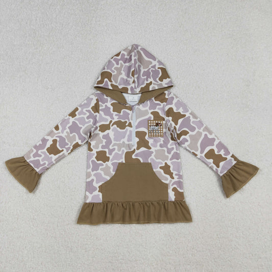 GT1134 Baby Girls Khaki Camo Embroidery Dog Duck Pocket Zipper Hunting Ruffle Hoodies Top