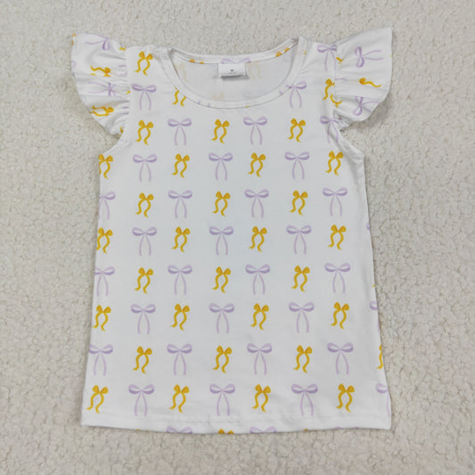 GT1147 Baby Girls Flutter Sleeve Lavender Yellow Bows Plaid Tee Shirts Top