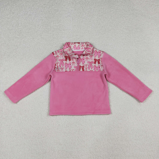 GT1149 Baby Girls Pink Bows Plaid Quatrefoil Zipper Pullover Sherpa Tops